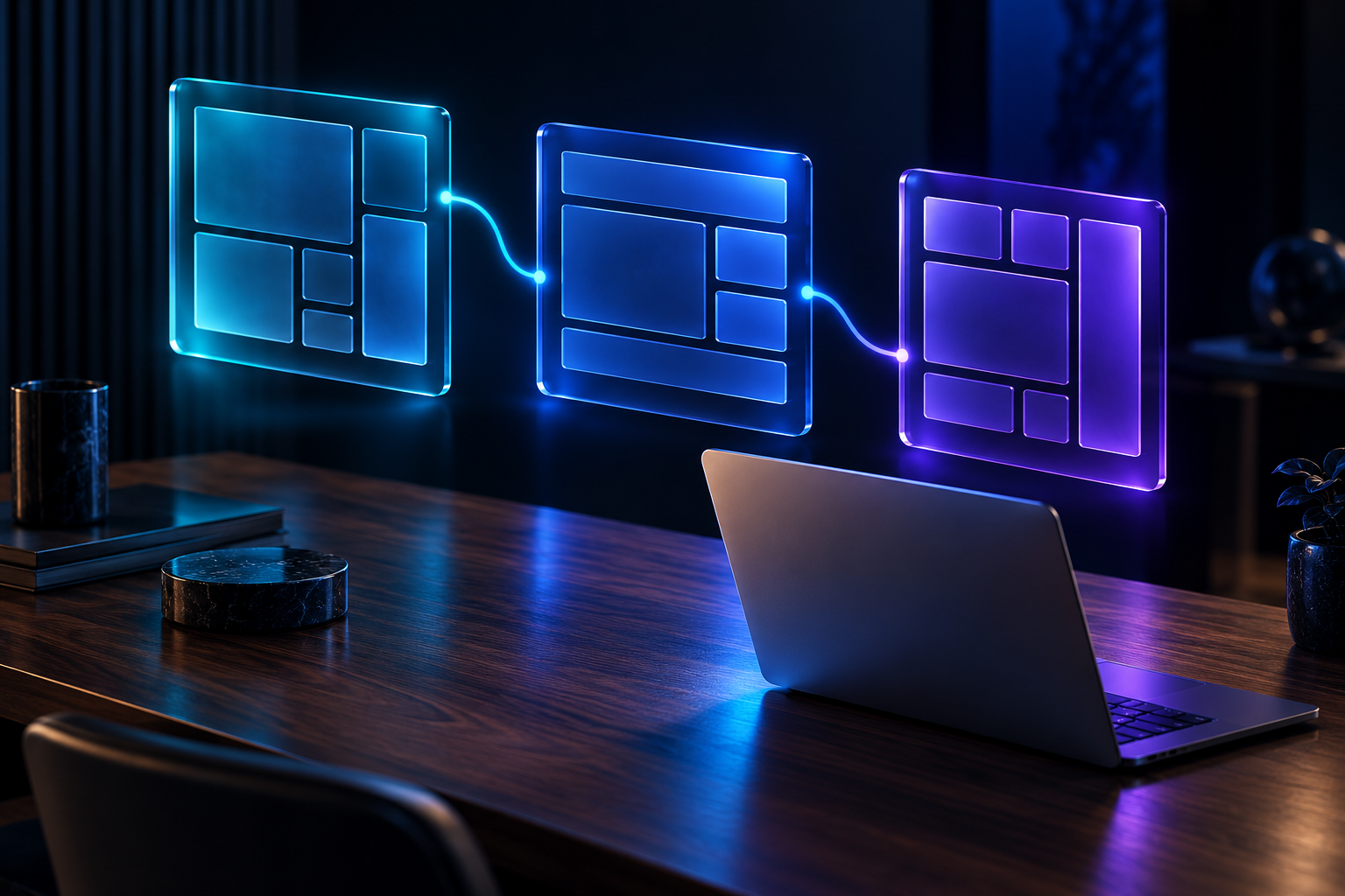 Designer studio desk at dusk with floating translucent website layout canvases lit in cyan and violet