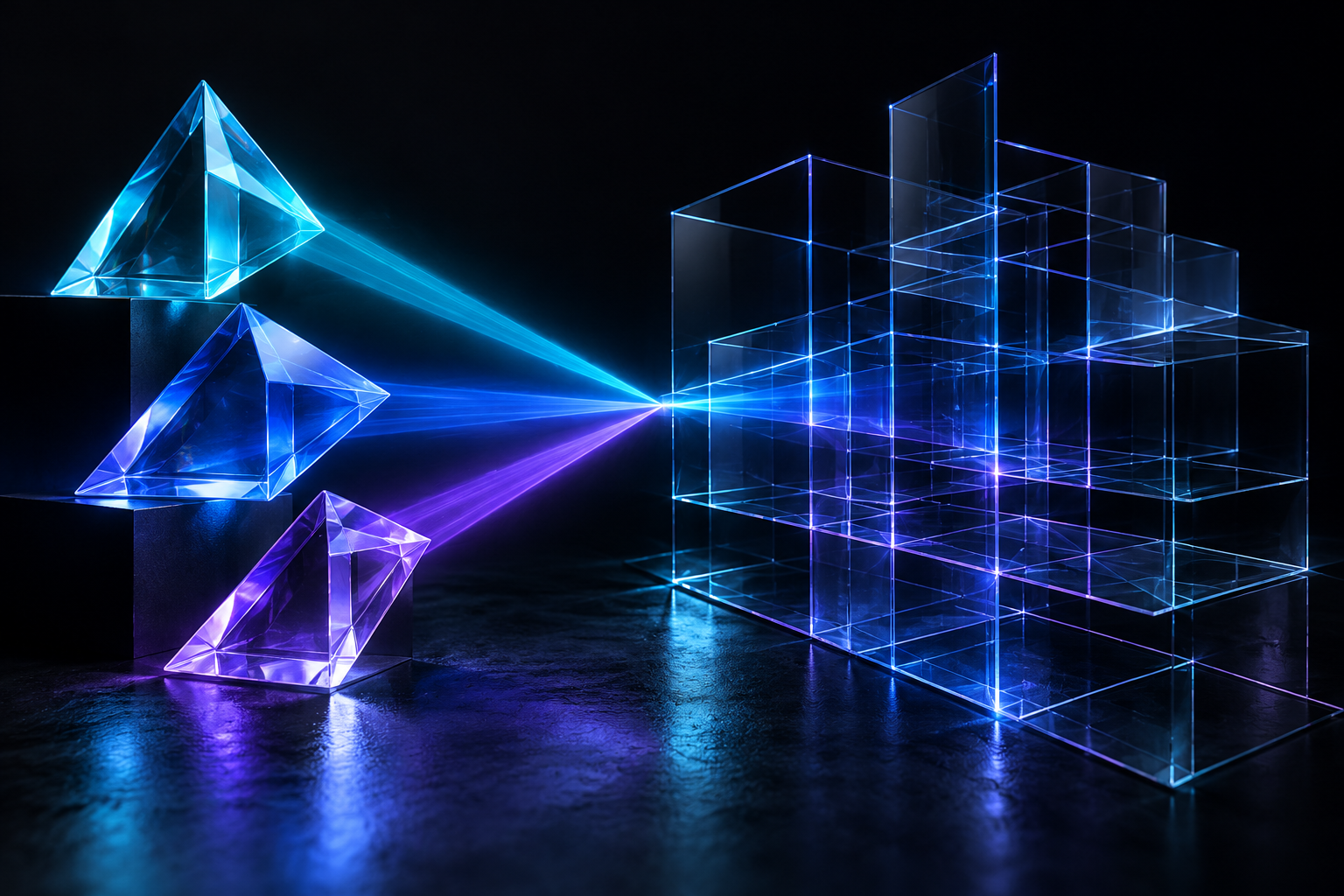 Three glowing crystal prisms refracting cyan, blue and violet light into a structured architectural web layout grid