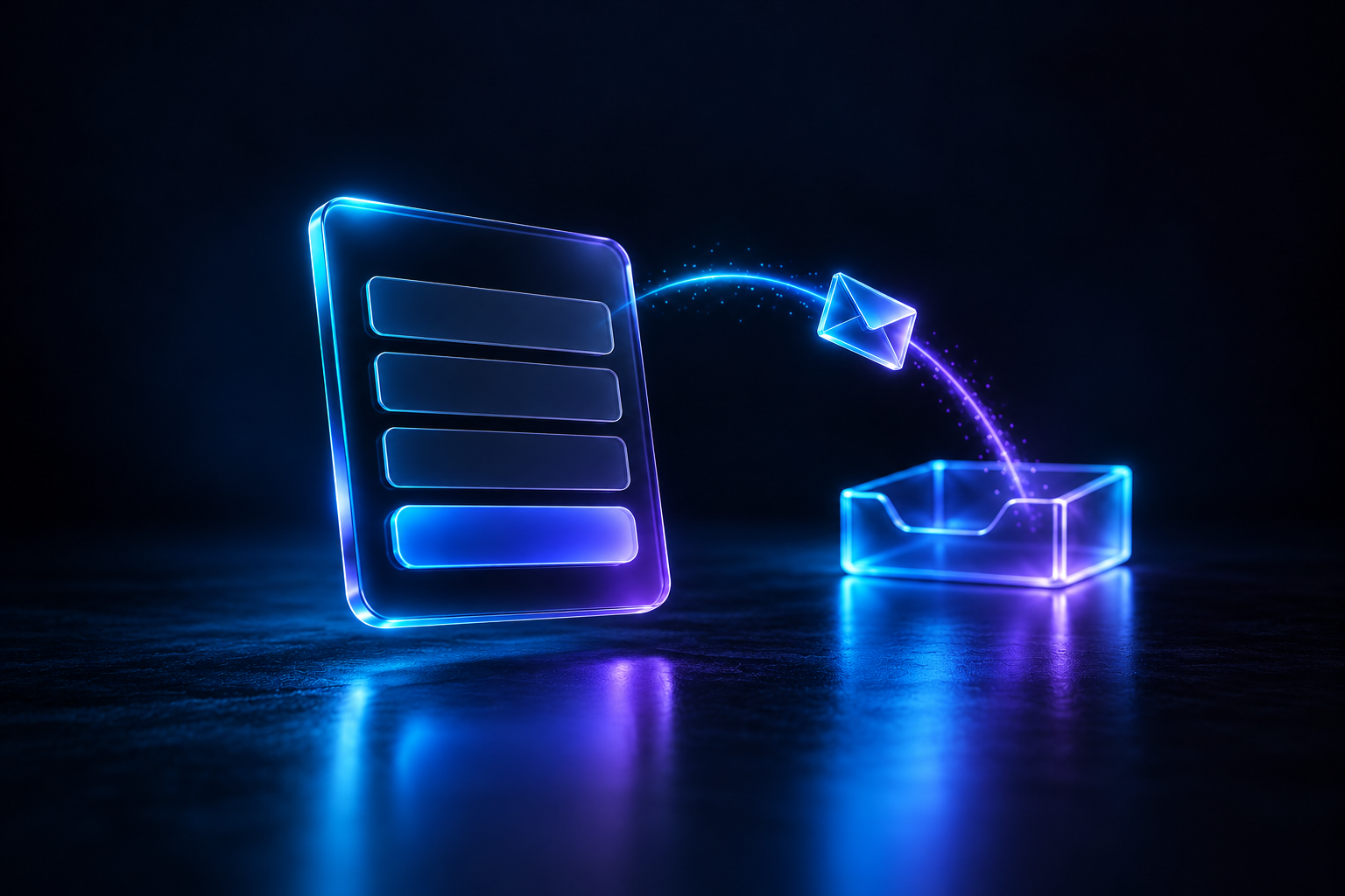 A dark glass panel shaped like a form with blank fields and a button, a glowing envelope tile lifting off along an arc of cyan-to-violet light toward a glass inbox tray