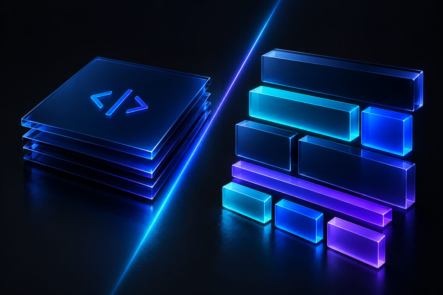 3D studio illustration of dark glass HTML code sheets passing through a cyan-to-violet laser cut and becoming modular WordPress blocks