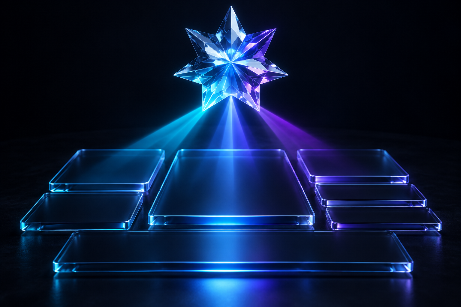 Faceted crystalline star prism floating above a dark navy glass slab refracting cyan, blue and violet light into modular page blocks