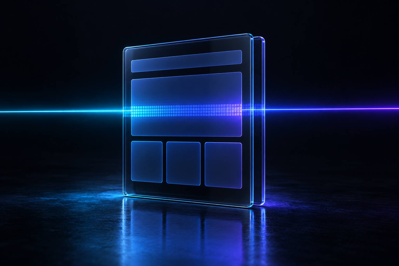 Two identical dark glass web-page panels aligned one behind the other, a thin cyan-to-violet beam revealing a perfectly aligned pixel grid