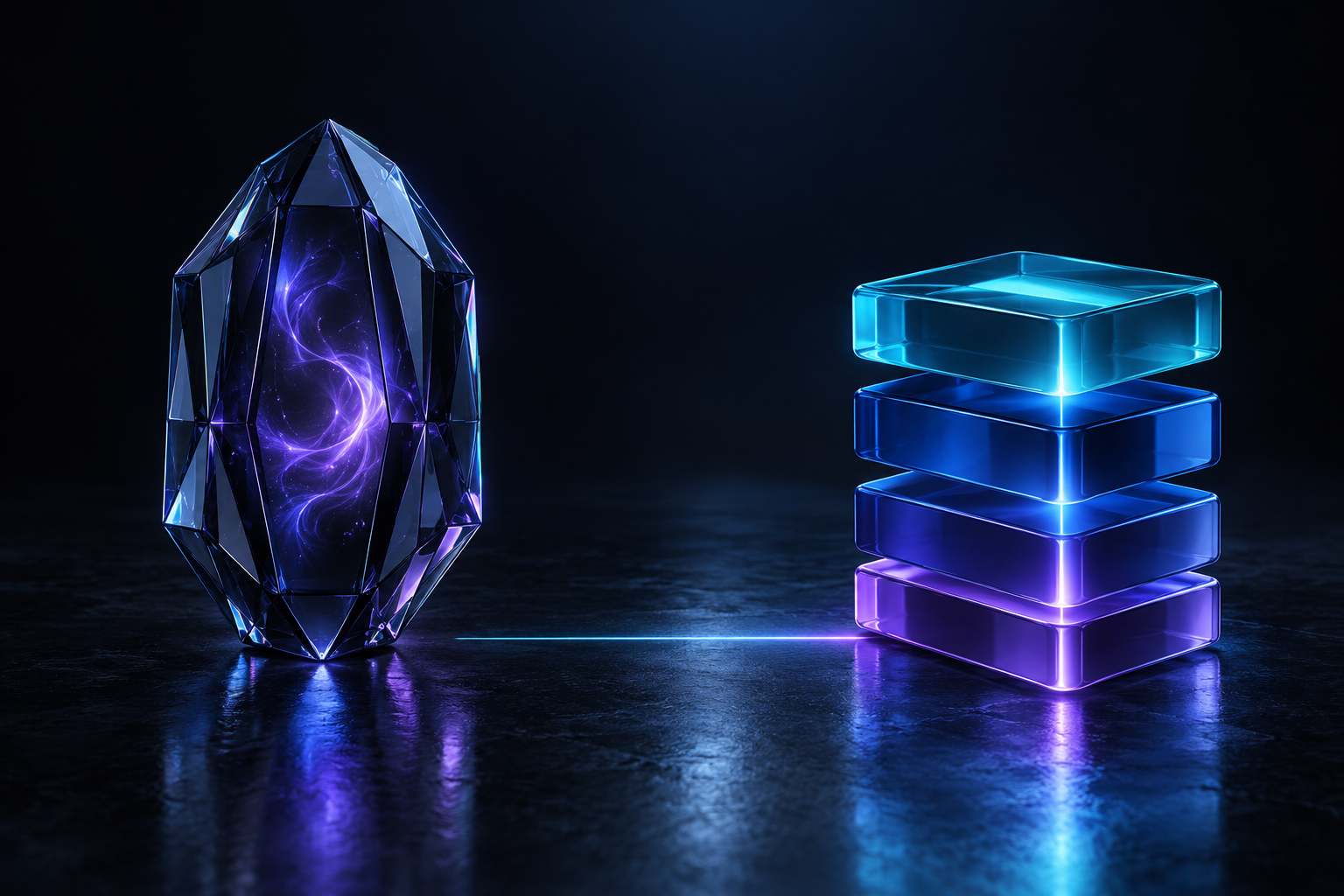 A sealed dark crystal capsule with a violet glow beside an open stack of glossy cyan and blue blocks, a thin line of light between them stopping short of the capsule