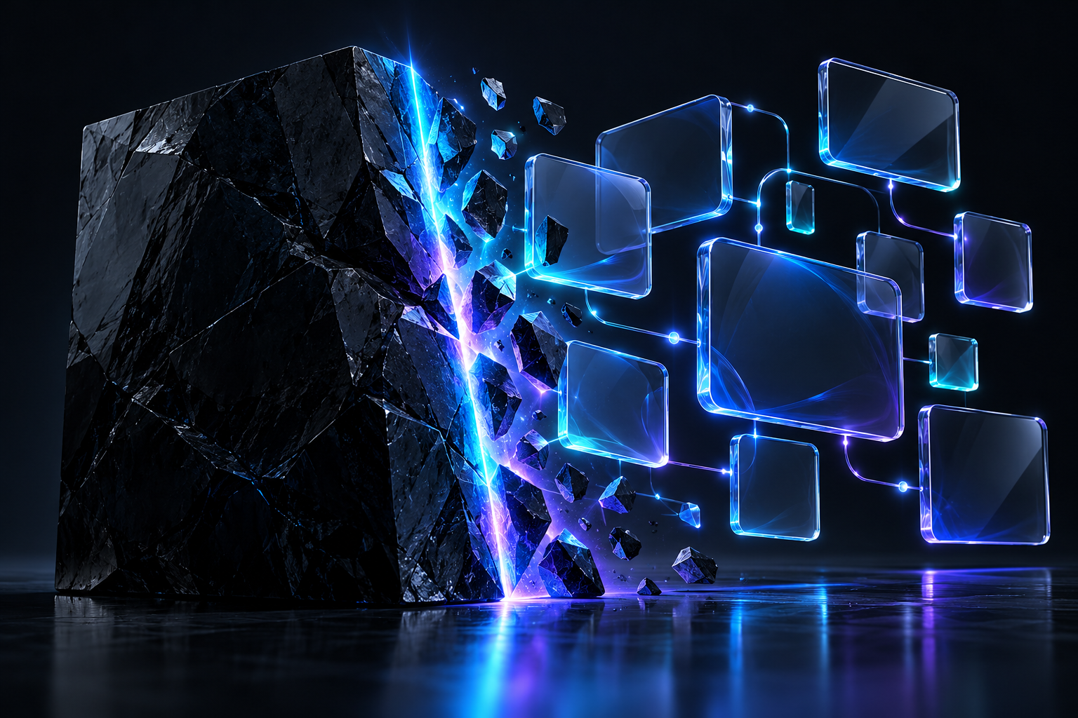Solid obsidian monolith sliced by a cyan-to-violet light beam into an articulated grid of floating glass CMS cards