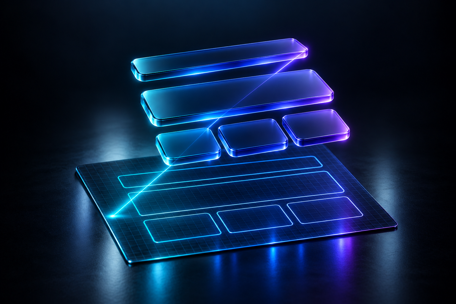 A web page layout drawn in glowing cyan lines on a sheet of dark glass, its shapes lifted off by a thin beam of light and becoming solid glossy blocks