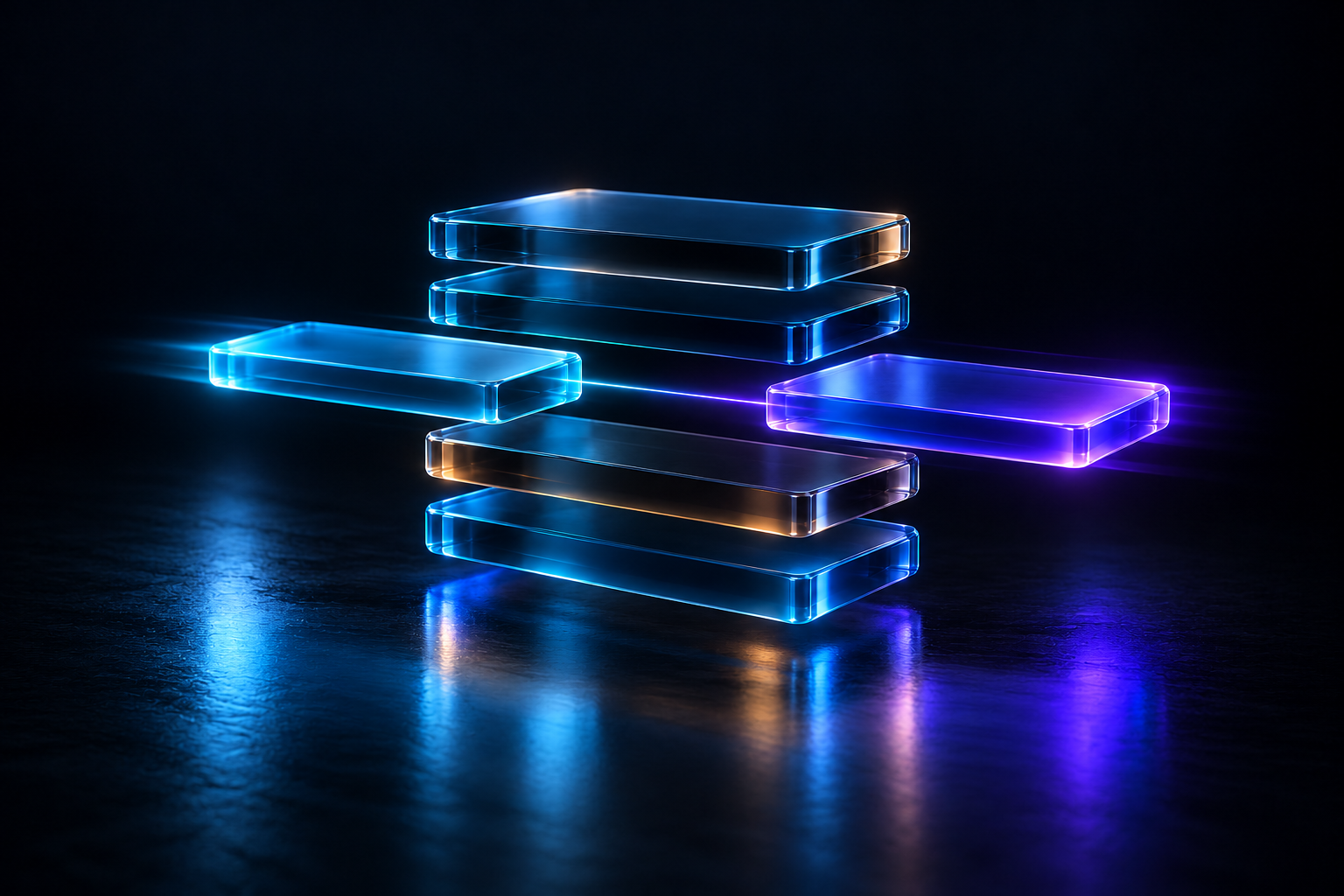 A stack of glass slabs like page sections seen from the side, one slab in the middle being replaced by a new glowing violet-blue slab guided by a thin beam while the rest stay still