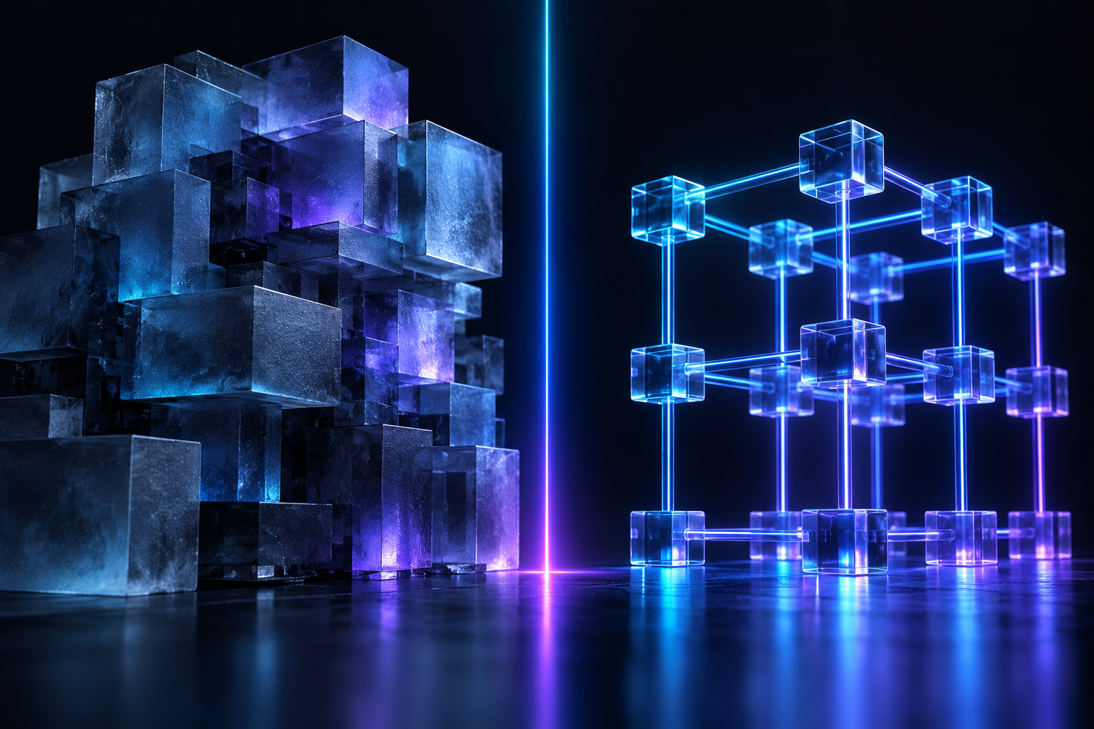 Macro architectural comparison between nested frosted blocks on the left and a precision-aligned glass wireframe lattice on the right