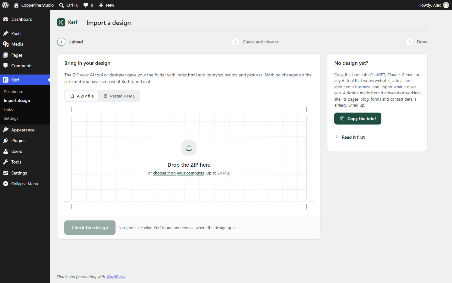 Kerf Import design screen in WordPress with a drop zone for a ZIP file and an option to paste HTML