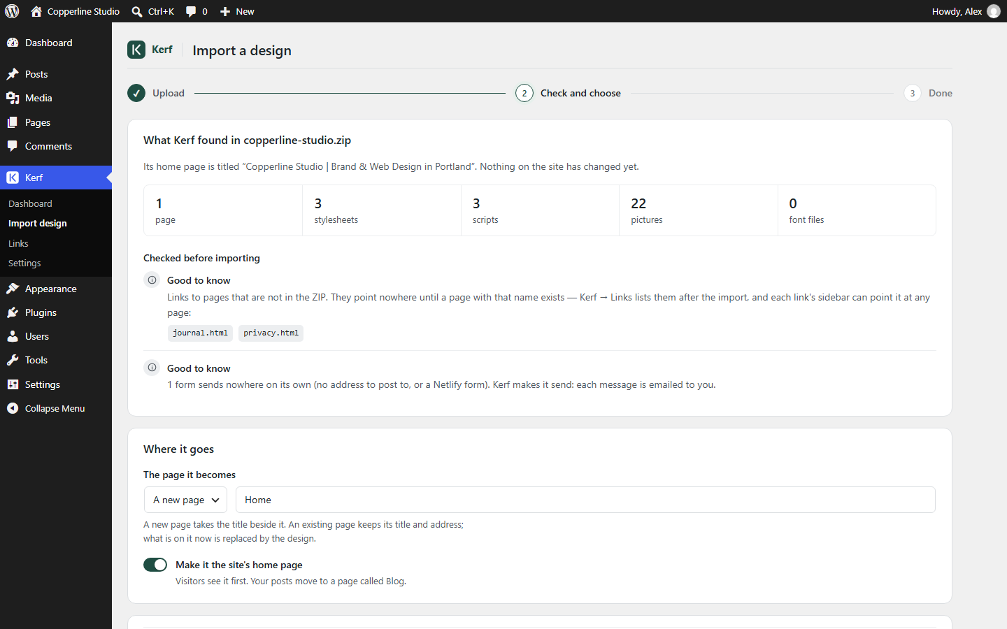 Kerf check screen showing 1 page, 3 stylesheets, 3 scripts and 22 pictures found in Copperline Studio before importing