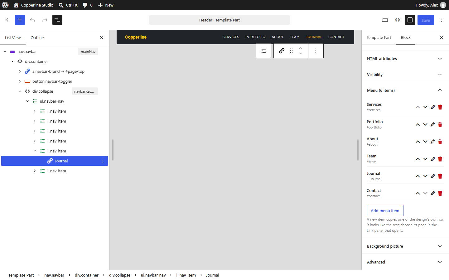 The Menu panel in the WordPress editor listing the six Copperline Studio navigation items with reorder, edit and delete controls
