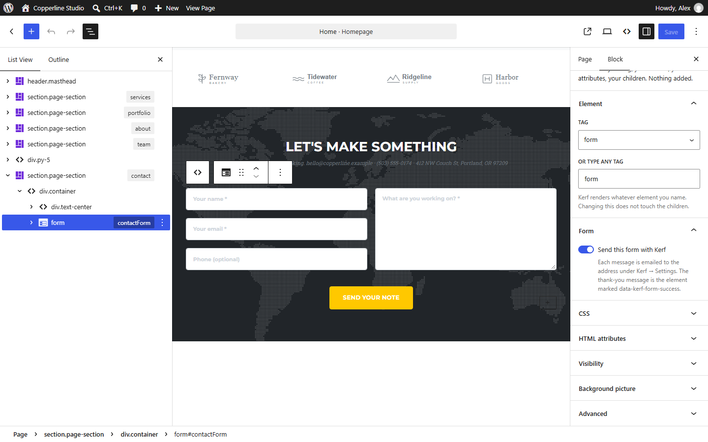 The contact form selected in the WordPress editor with the Send this form with Kerf toggle enabled