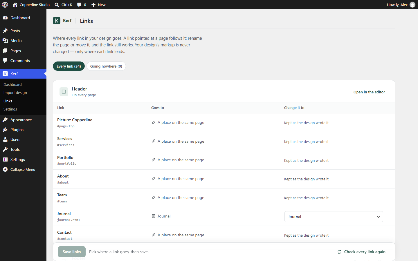 Kerf Links screen listing all 34 links in Copperline Studio pointed at WordPress pages